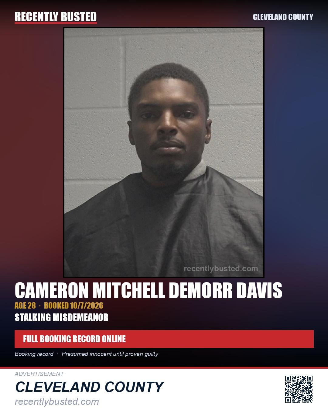 CAMERON MITCHELL DEMORR DAVIS — arrest record card, Cleveland County