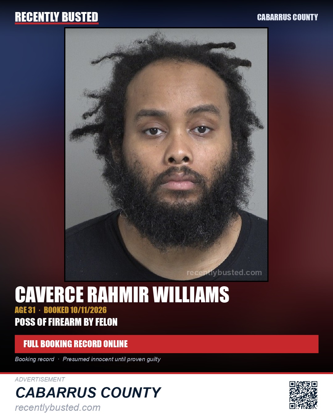 CAVERCE RAHMIR WILLIAMS — arrest record card, Cabarrus County