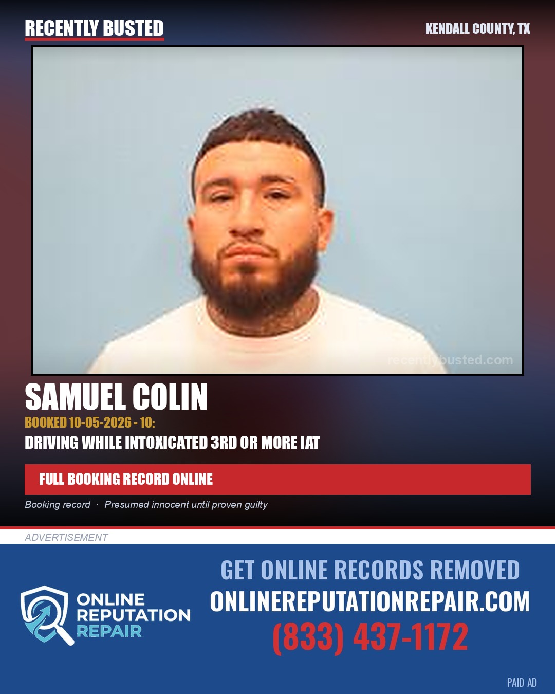Colin, Samuel — arrest record card, Kendall County, Texas