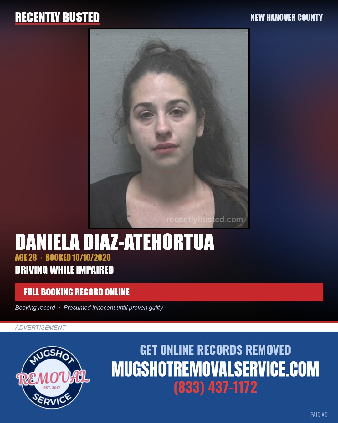 DANIELA DIAZ-ATEHORTUA — arrest record card, New Hanover County