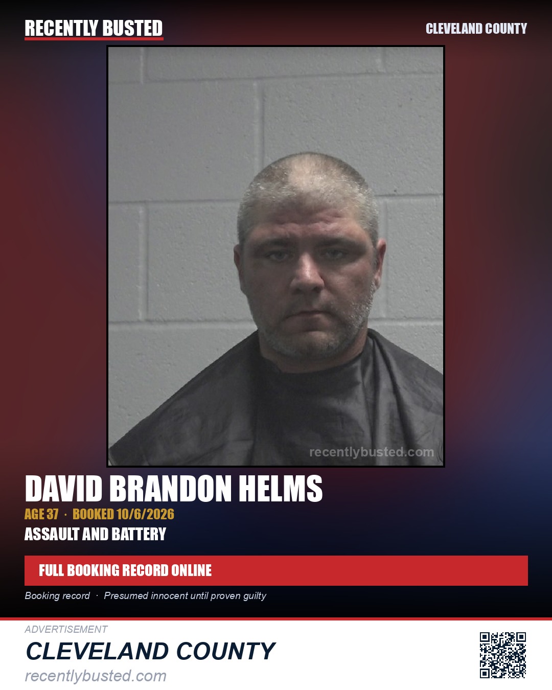 DAVID BRANDON HELMS — arrest record card, Cleveland County