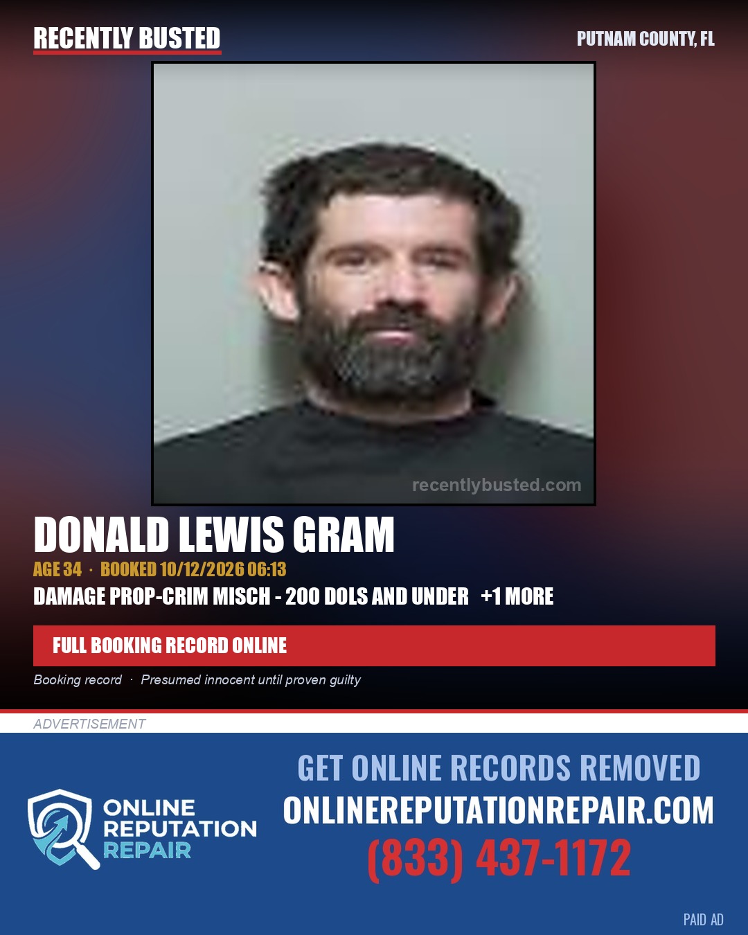 Donald Lewis Gram — arrest record card, Putnam County, Florida