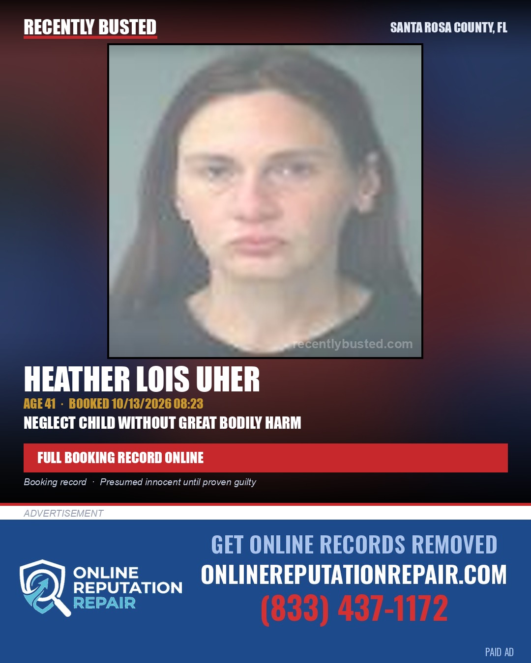 Heather Lois Uher — arrest record card, Santa Rosa County, Florida