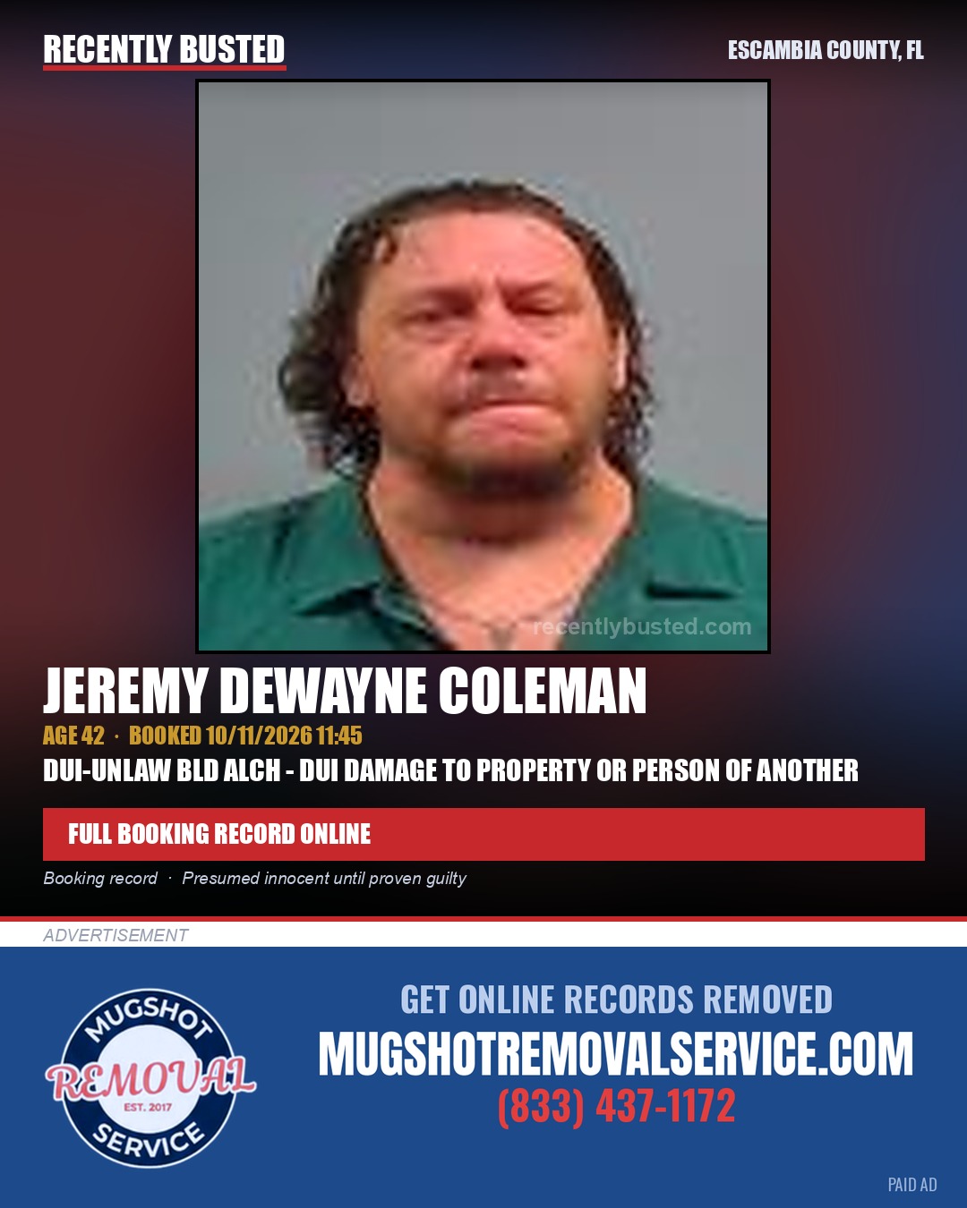 Jeremy Dewayne Coleman — arrest record card, Escambia County, Florida
