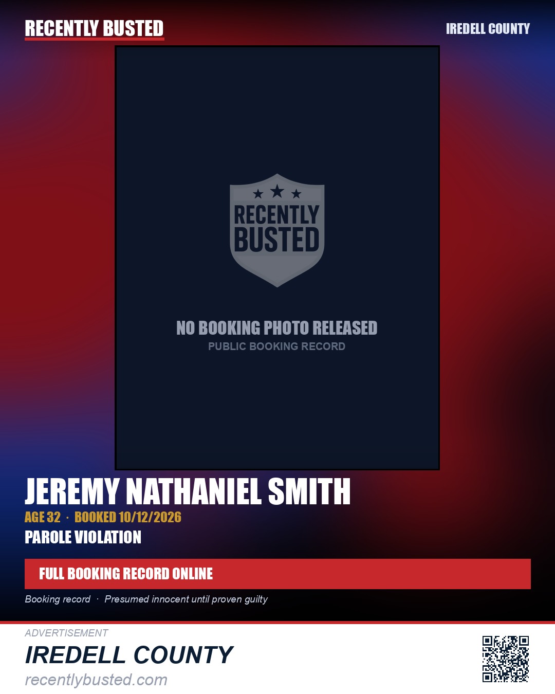 JEREMY NATHANIEL SMITH — arrest record card, Iredell County