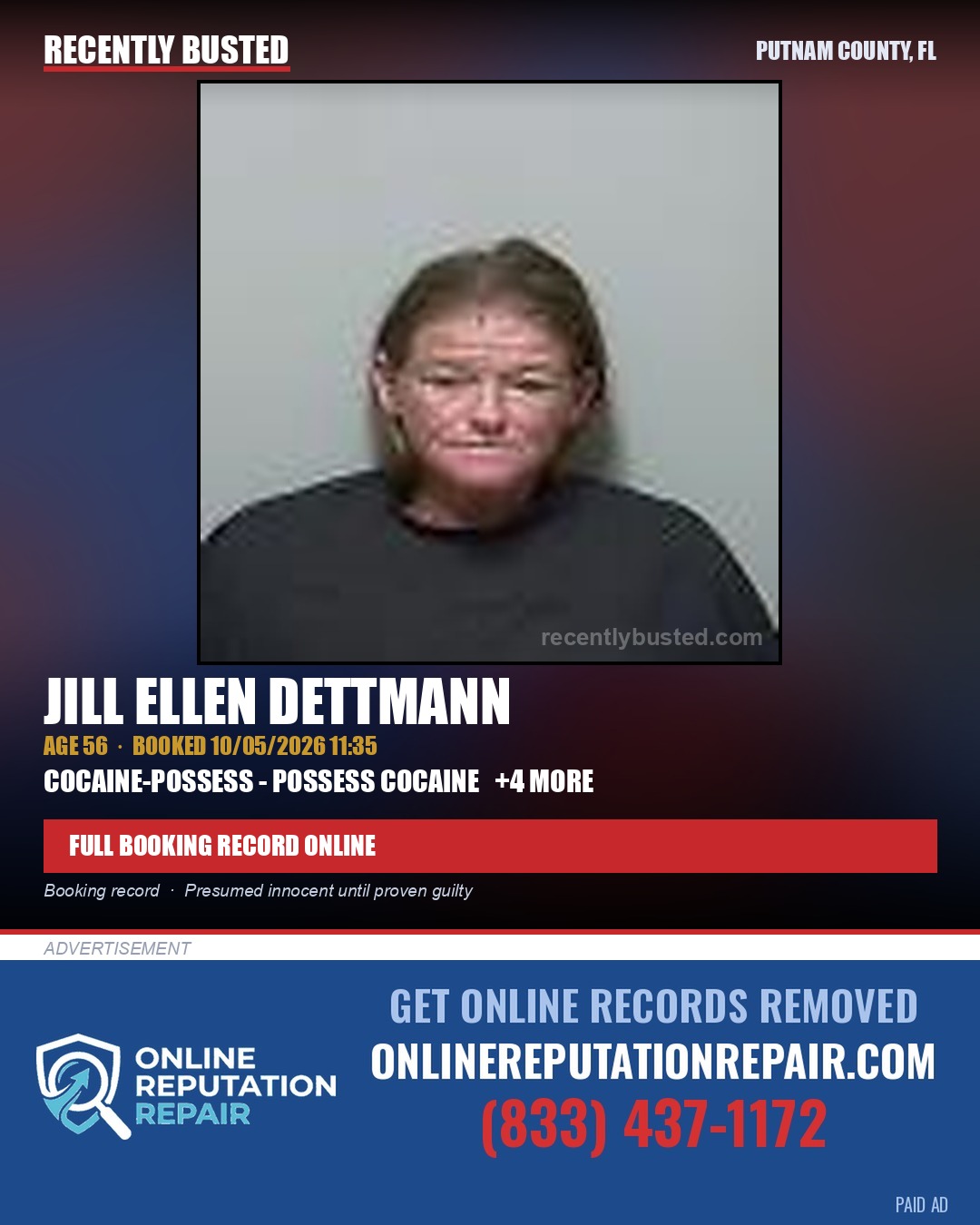 Jill Ellen Dettmann — arrest record card, Putnam County, Florida