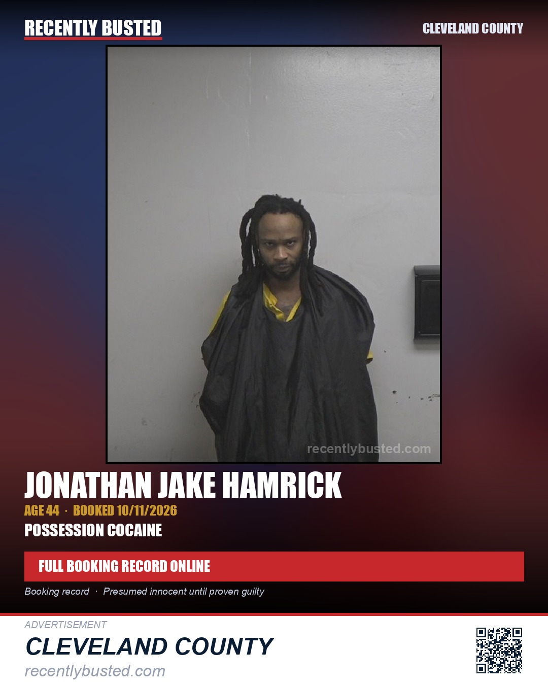 JONATHAN JAKE HAMRICK — arrest record card, Cleveland County