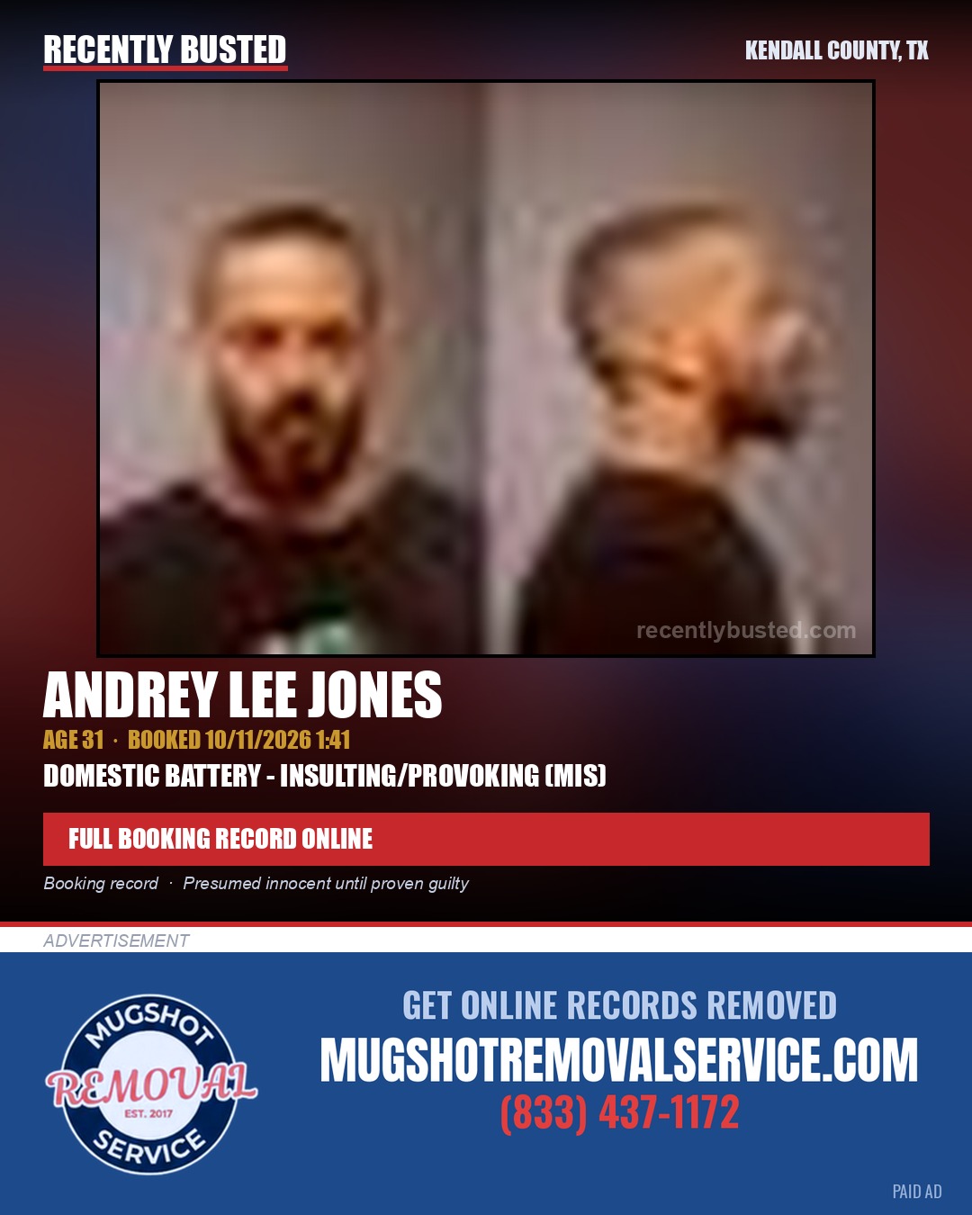 JONES, ANDREY LEE — arrest record card, Kendall County, Illinois
