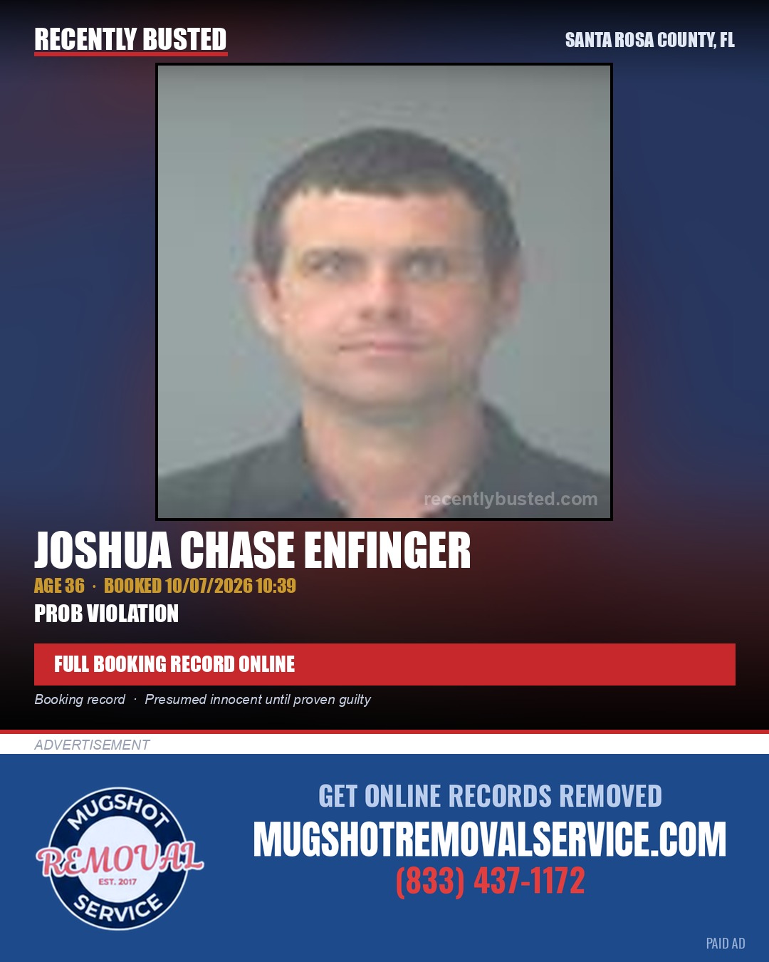 Joshua Chase Enfinger — arrest record card, Santa Rosa County, Florida