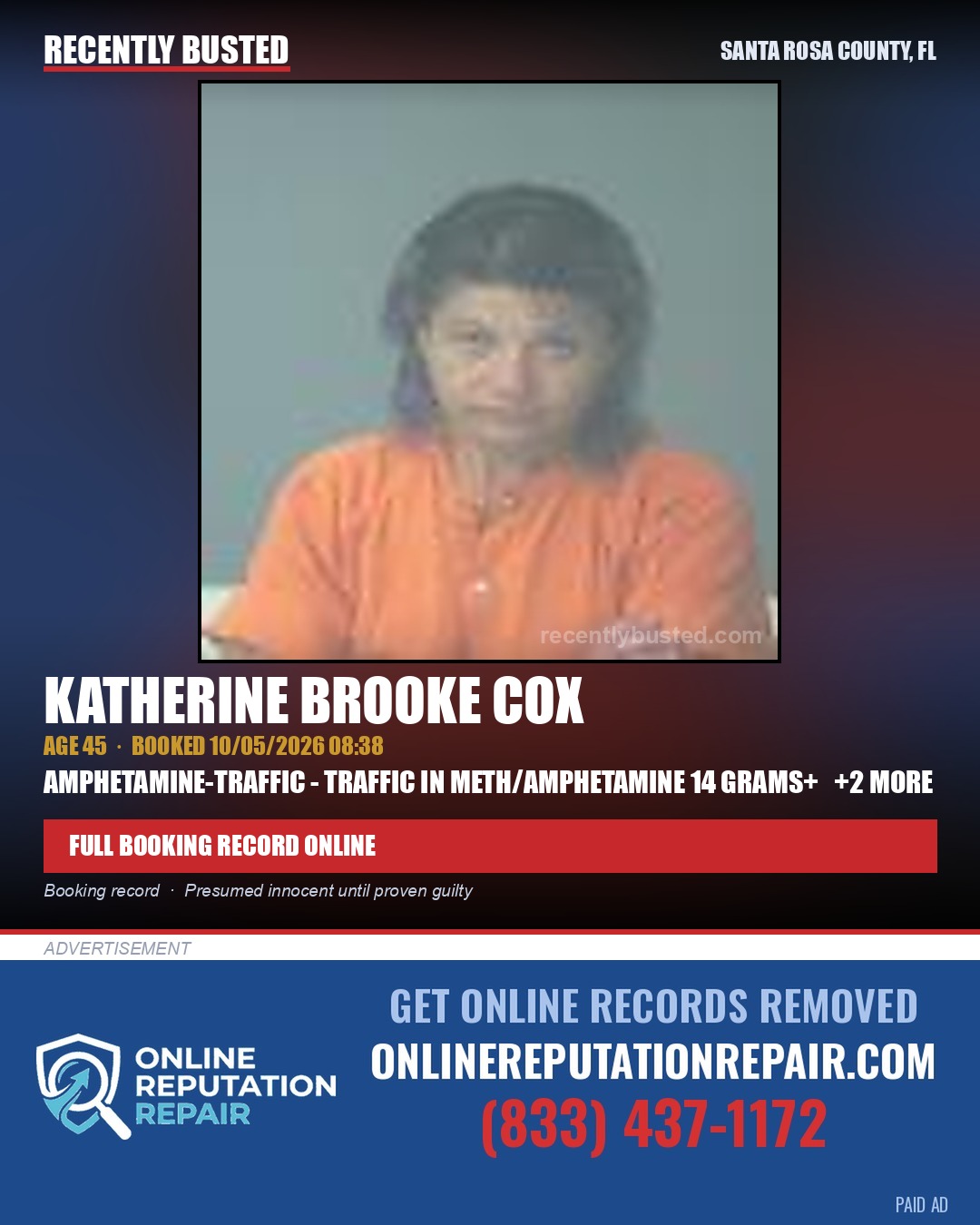 Katherine Brooke Cox — arrest record card, Santa Rosa County, Florida