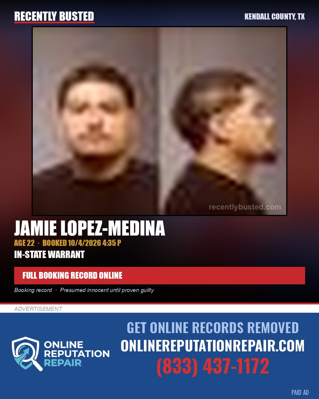 LOPEZ-MEDINA, JAMIE — arrest record card, Kendall County, Illinois