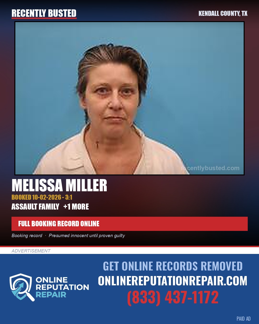 Miller, Melissa — arrest record card, Kendall County, Texas