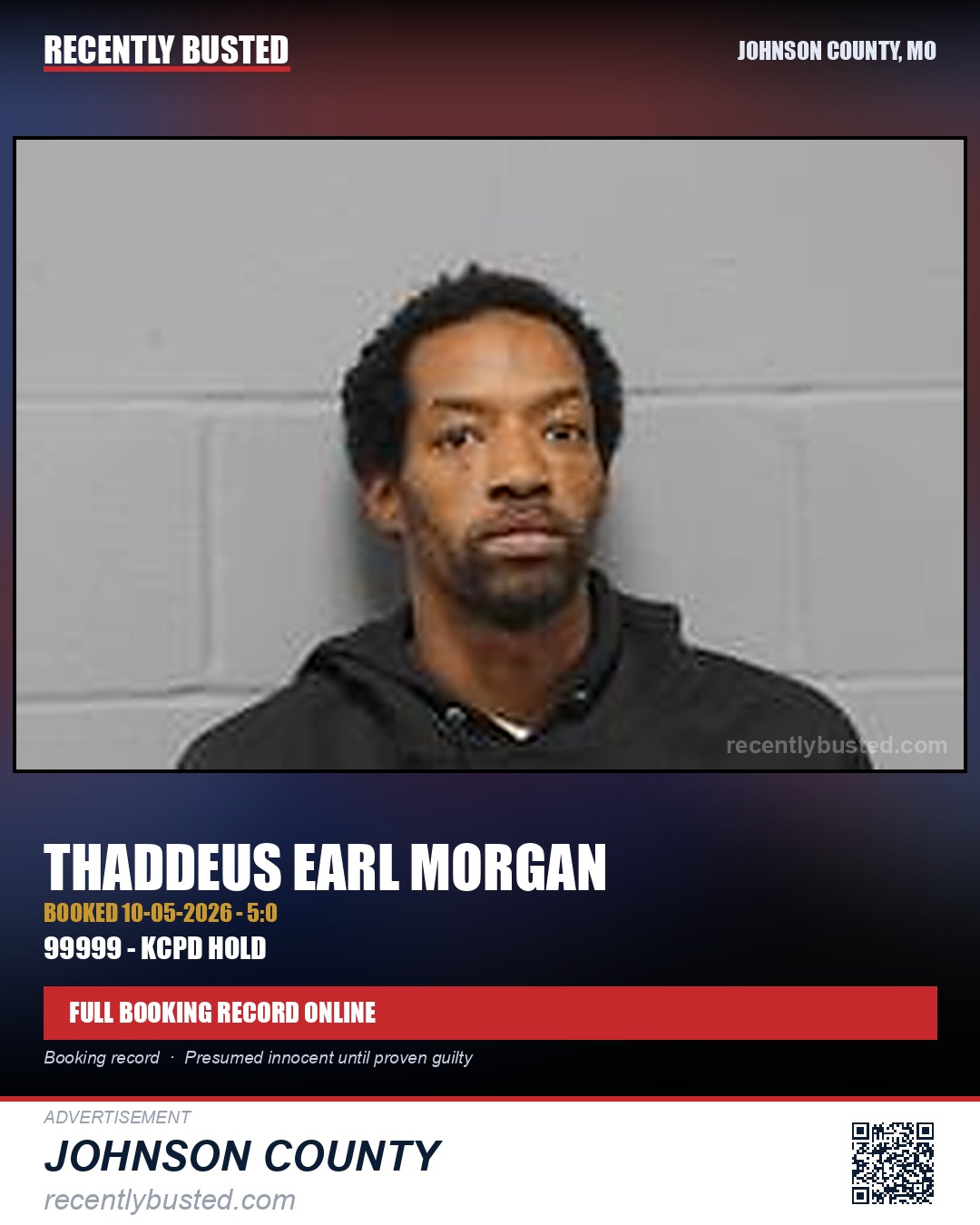 MORGAN, THADDEUS EARL — arrest record card, Johnson County, Missouri