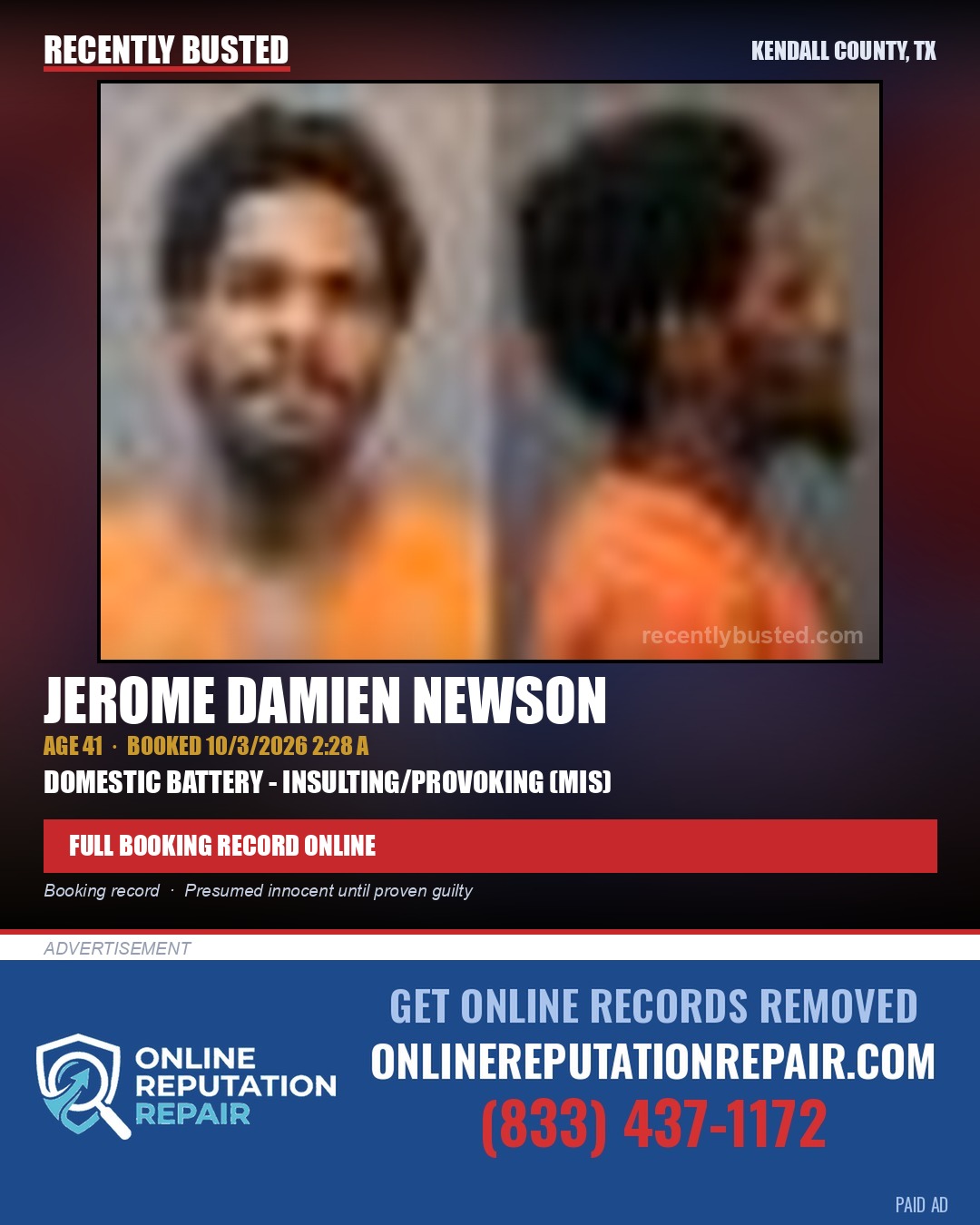 NEWSON, JEROME DAMIEN — arrest record card, Kendall County, Illinois