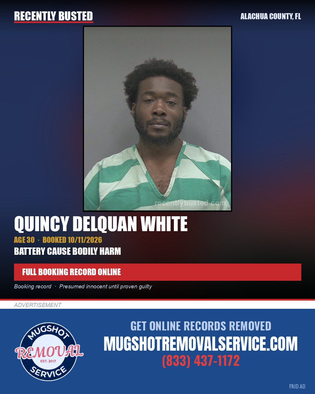 Quincy Delquan White — arrest record card, Alachua County, Florida