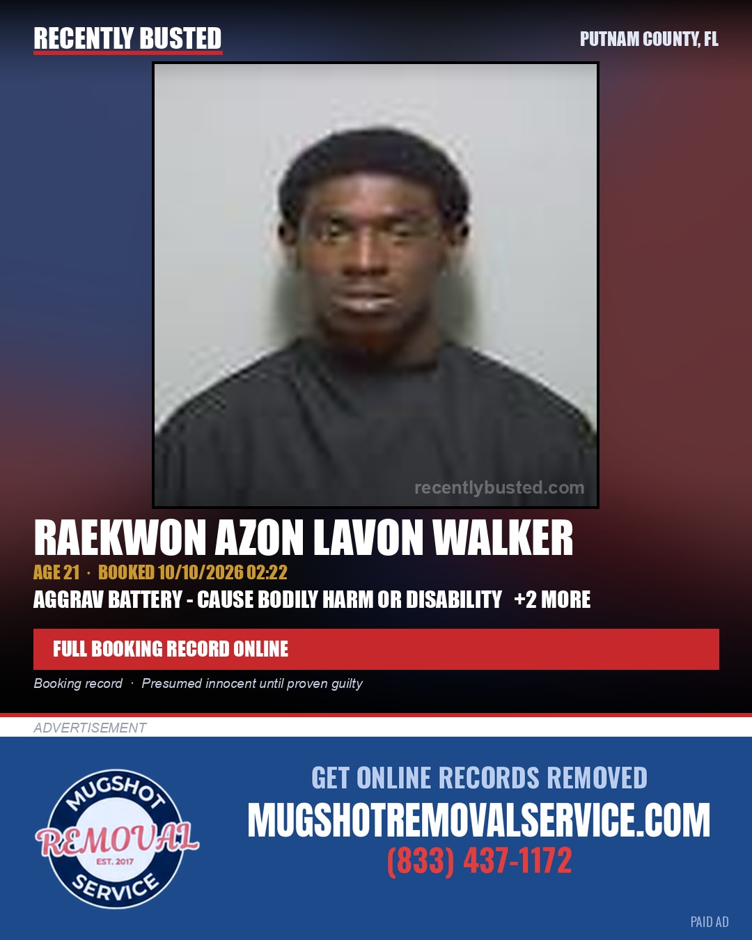 Raekwon Azon Lavon Walker — arrest record card, Putnam County, Florida