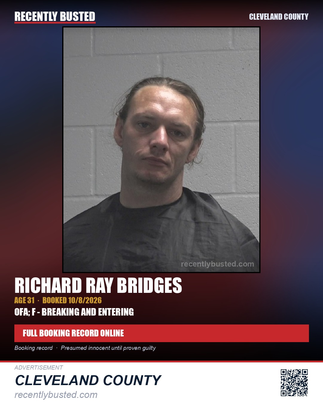 RICHARD RAY BRIDGES — arrest record card, Cleveland County