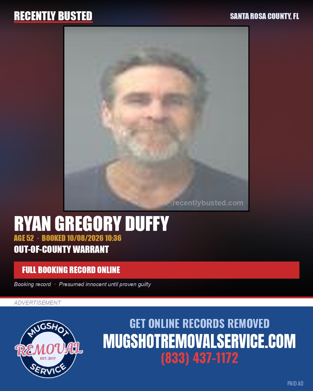 Ryan Gregory Duffy — arrest record card, Santa Rosa County, Florida