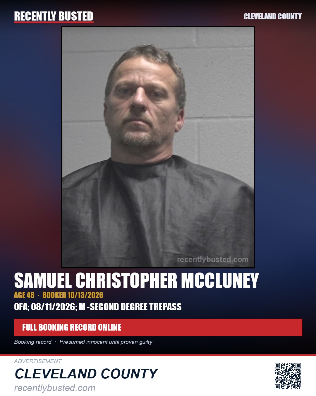 SAMUEL CHRISTOPHER MCCLUNEY — arrest record card, Cleveland County