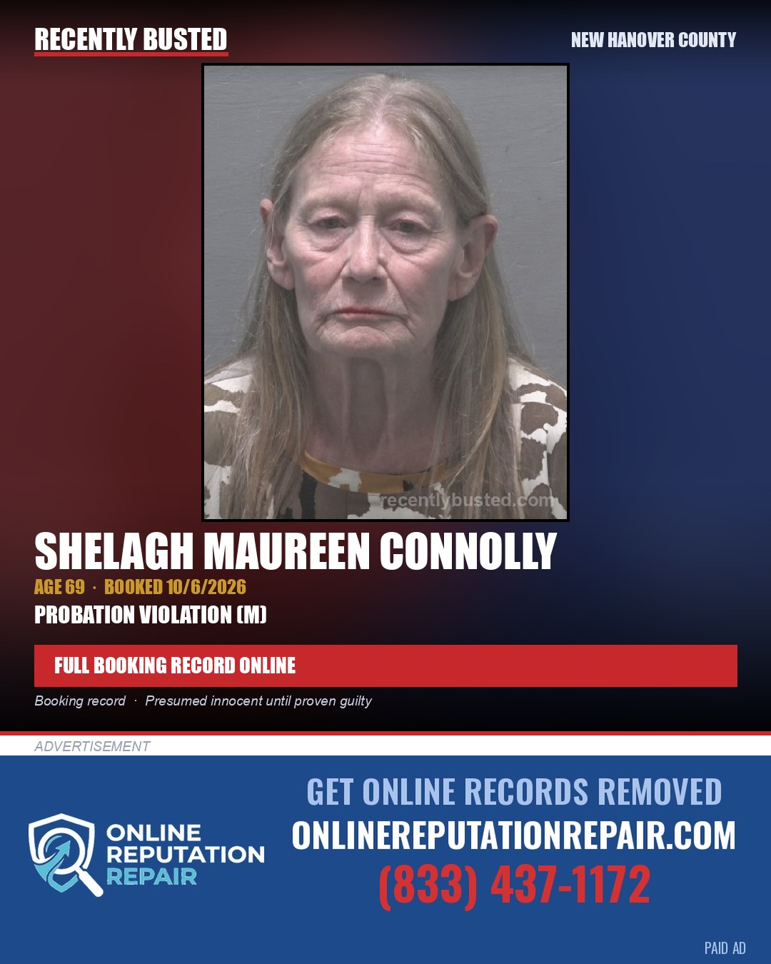 SHELAGH MAUREEN CONNOLLY — arrest record card, New Hanover County