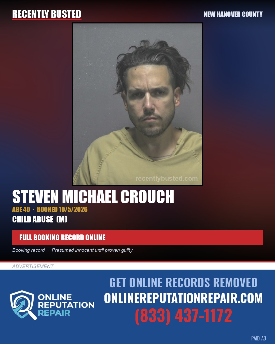 STEVEN MICHAEL CROUCH — arrest record card, New Hanover County