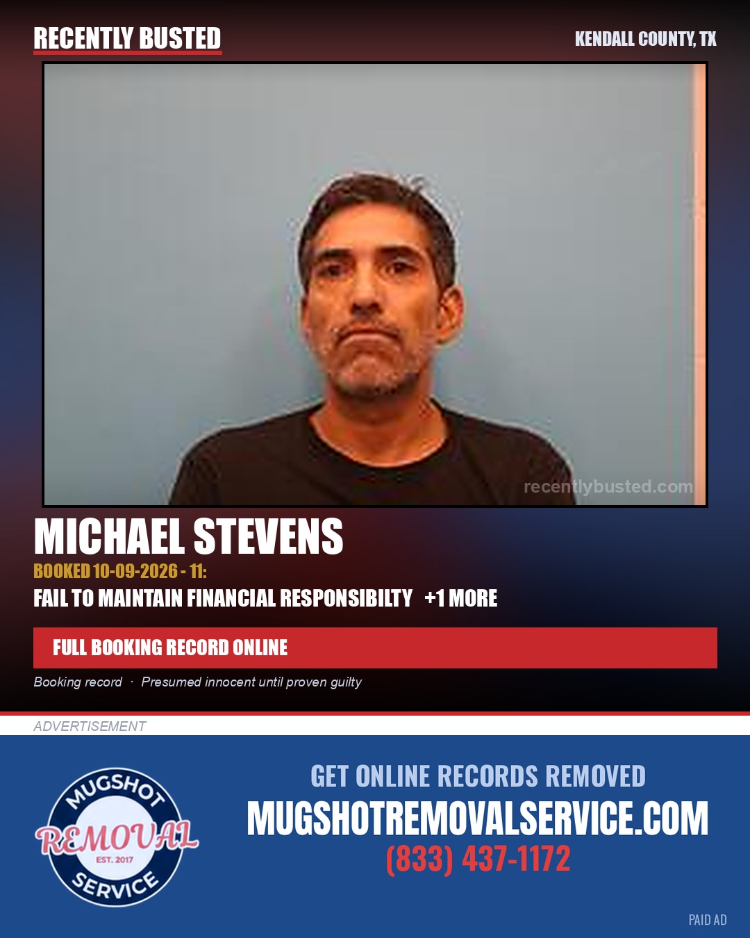 Stevens, Michael — arrest record card, Kendall County, Texas