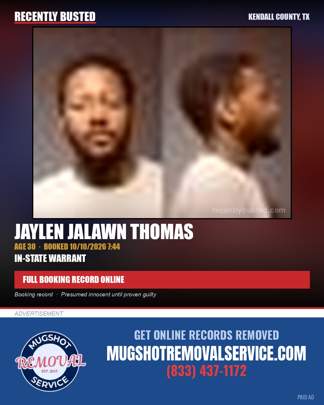 THOMAS, JAYLEN JALAWN — arrest record card, Kendall County, Illinois