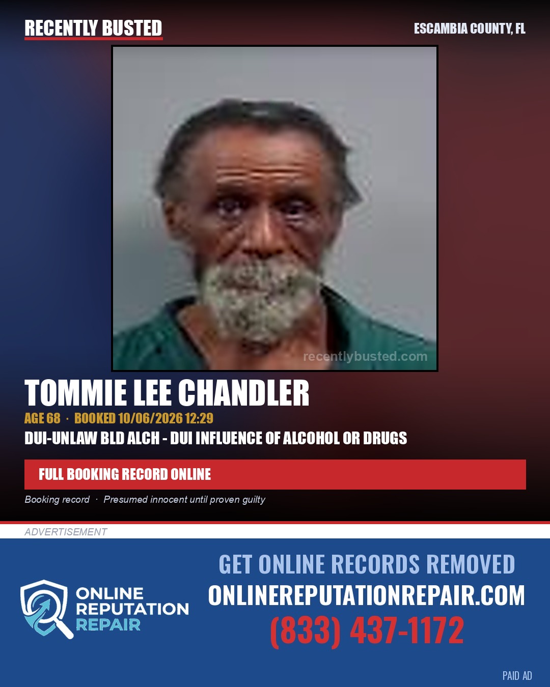 Tommie Lee Chandler — arrest record card, Escambia County, Florida