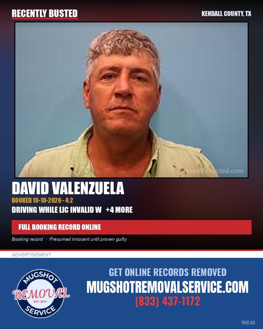 Valenzuela, David — arrest record card, Kendall County, Texas