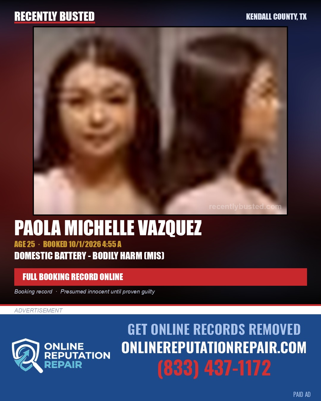 VAZQUEZ, PAOLA MICHELLE — arrest record card, Kendall County, Illinois