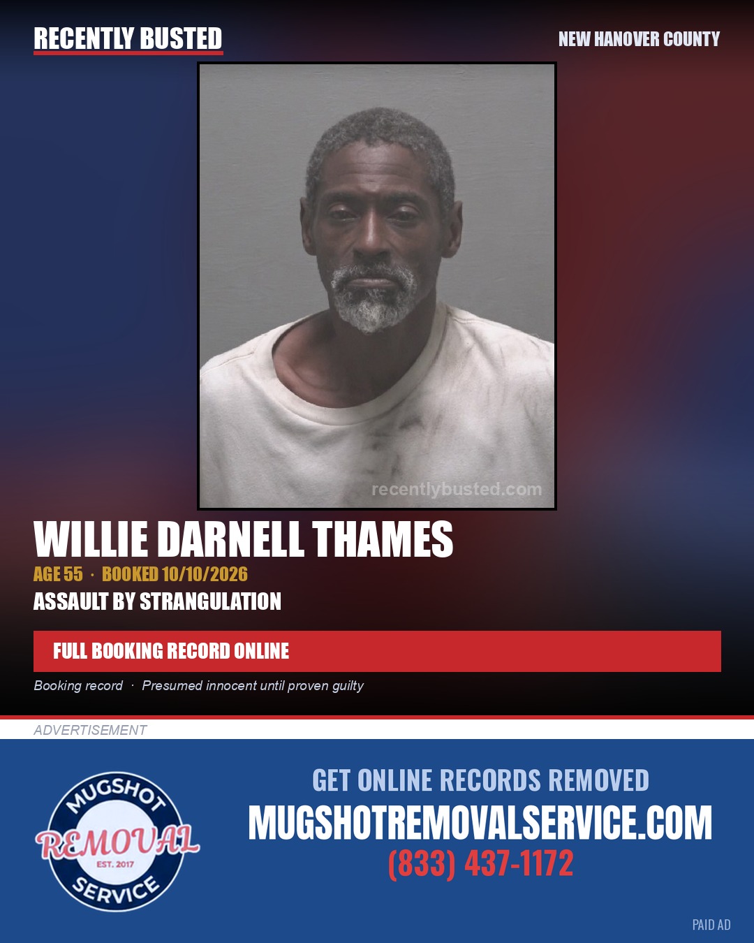 WILLIE DARNELL THAMES — arrest record card, New Hanover County