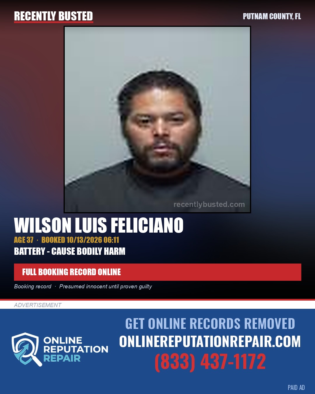 Wilson Luis Feliciano — arrest record card, Putnam County, Florida