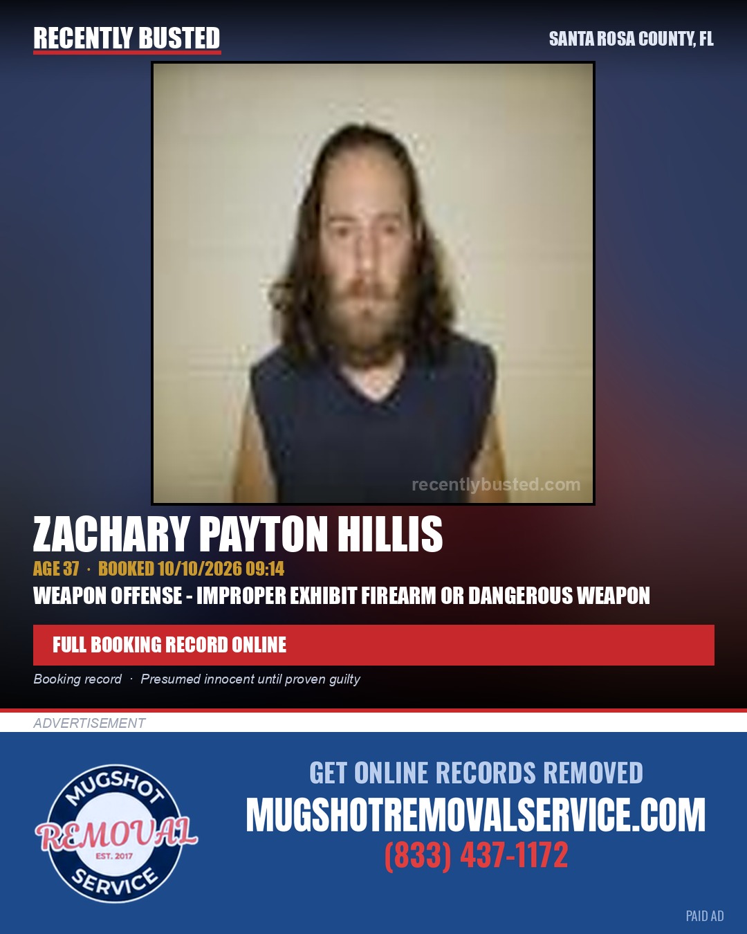 Zachary Payton Hillis — arrest record card, Santa Rosa County, Florida