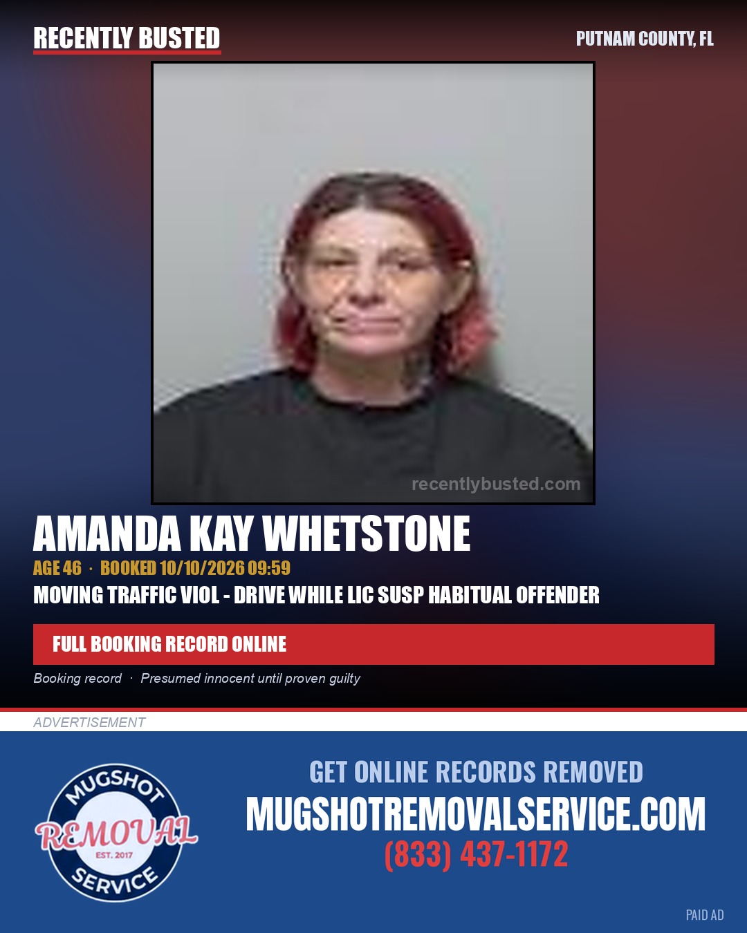 Amanda Kay Whetstone — arrest record card, Putnam County, Florida