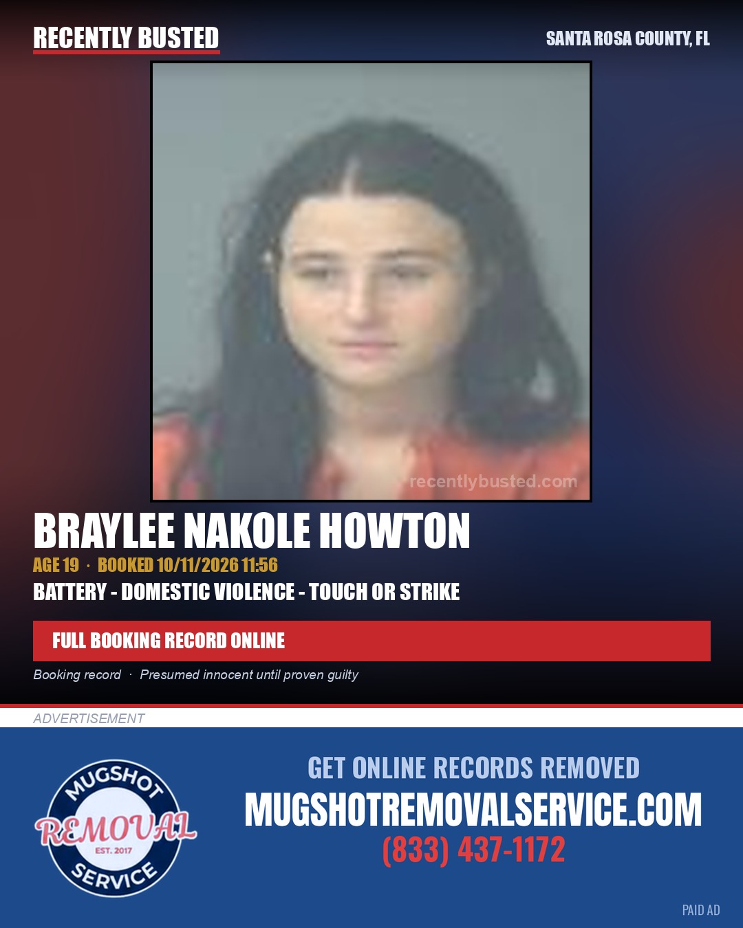 Braylee Nakole Howton — arrest record card, Santa Rosa County, Florida