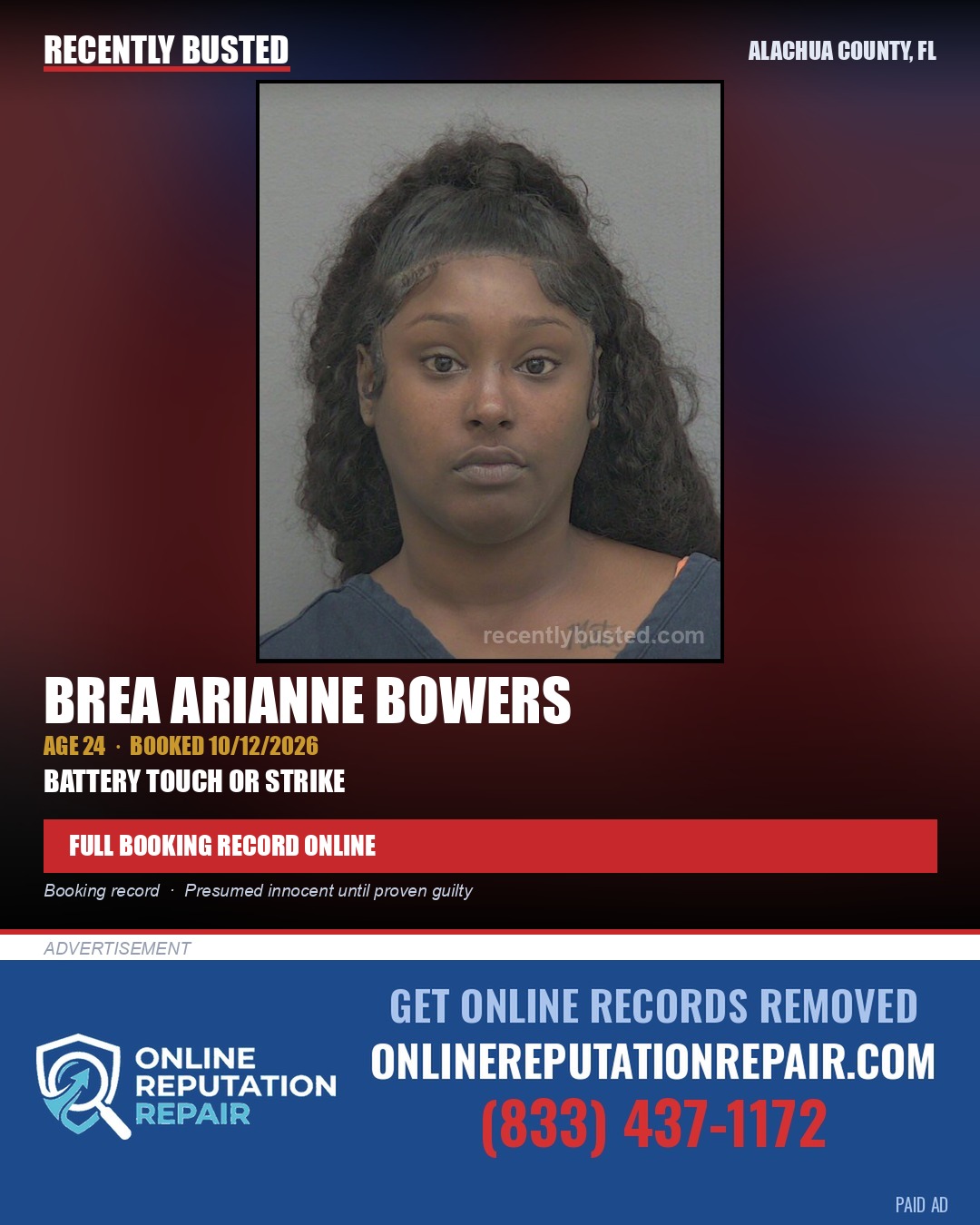 Brea Arianne Bowers — arrest record card, Alachua County, Florida