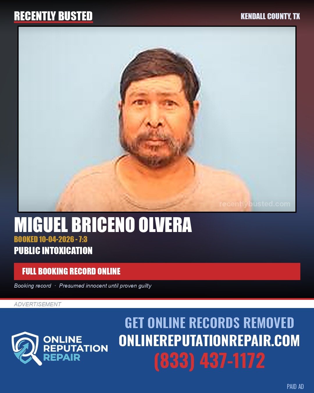 Briceno Olvera, Miguel — arrest record card, Kendall County, Texas