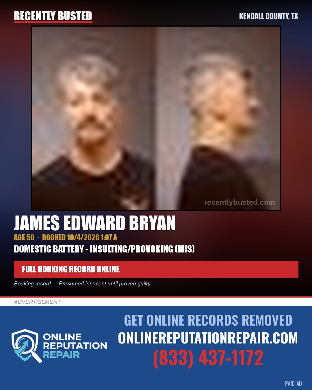 BRYAN, JAMES EDWARD — arrest record card, Kendall County, Illinois