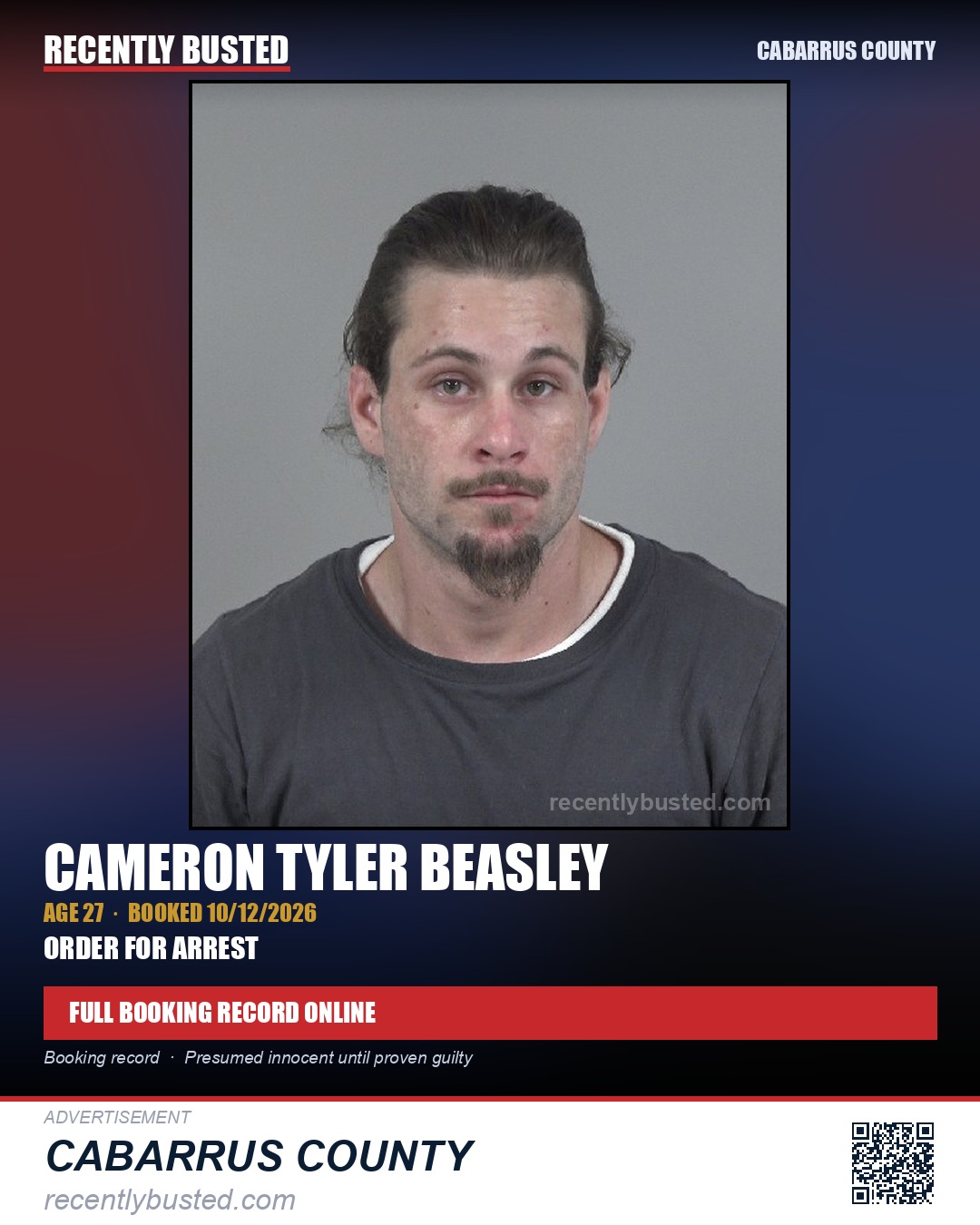 CAMERON TYLER BEASLEY — arrest record card, Cabarrus County