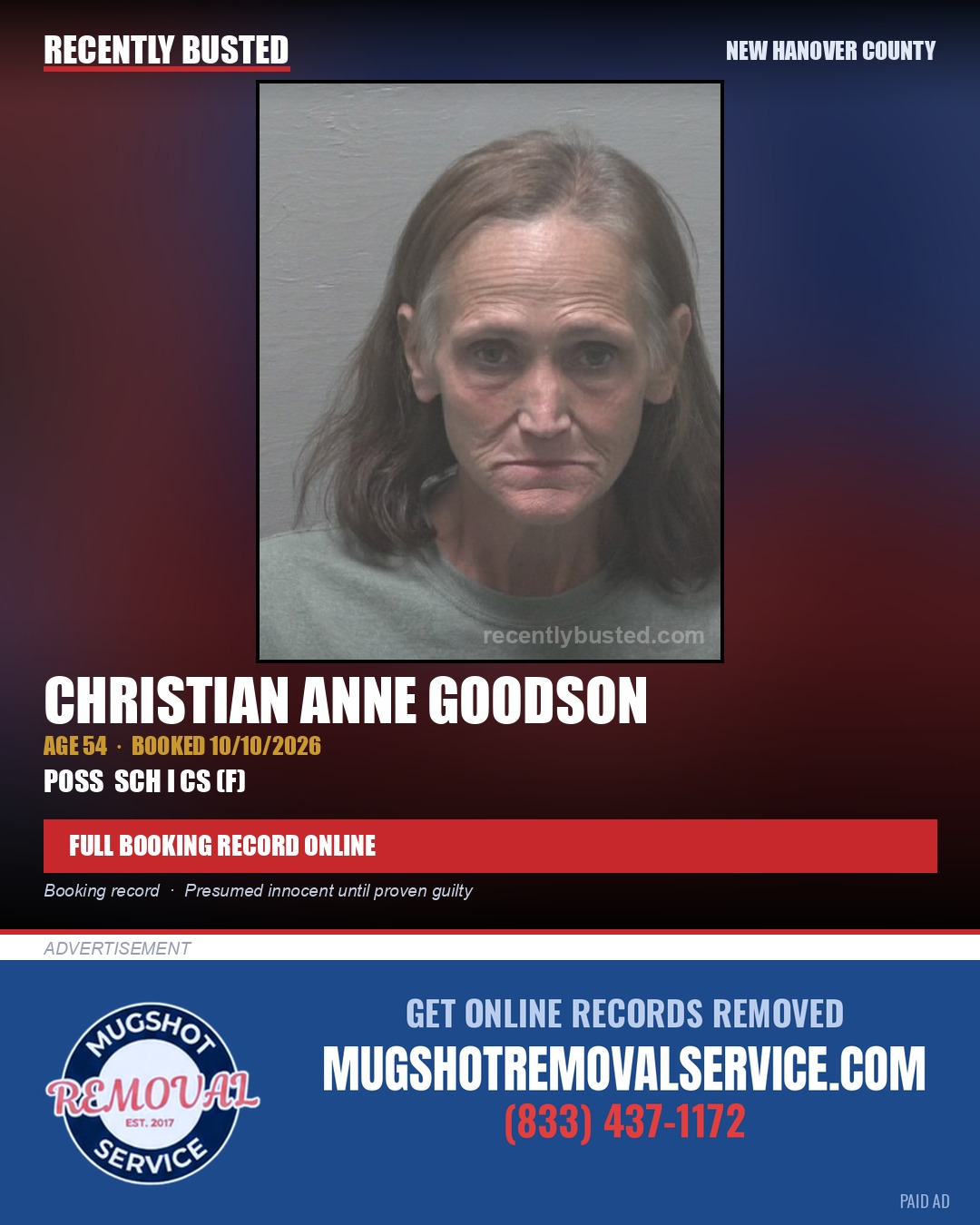CHRISTIAN ANNE GOODSON — arrest record card, New Hanover County
