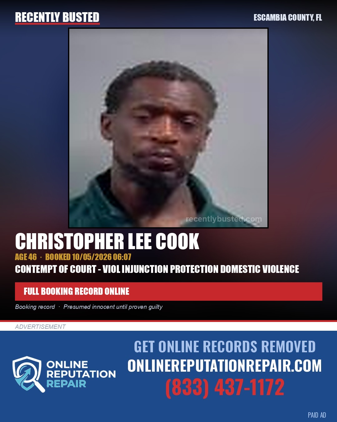 Christopher Lee Cook — arrest record card, Escambia County, Florida