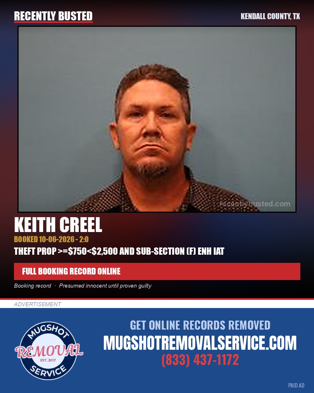 Creel, Keith — arrest record card, Kendall County, Texas