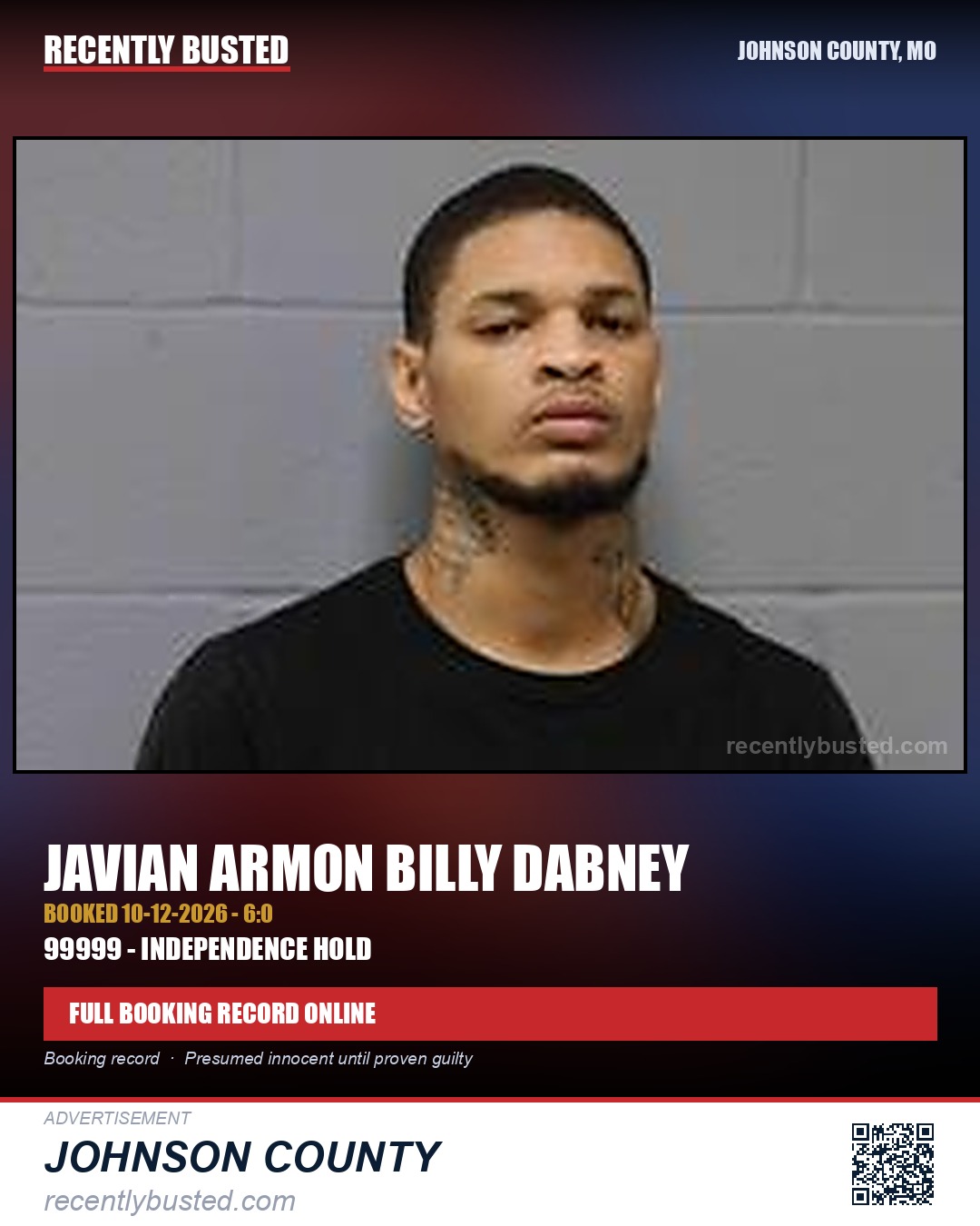 DABNEY, JAVIAN ARMON BILLY — arrest record card, Johnson County, Missouri