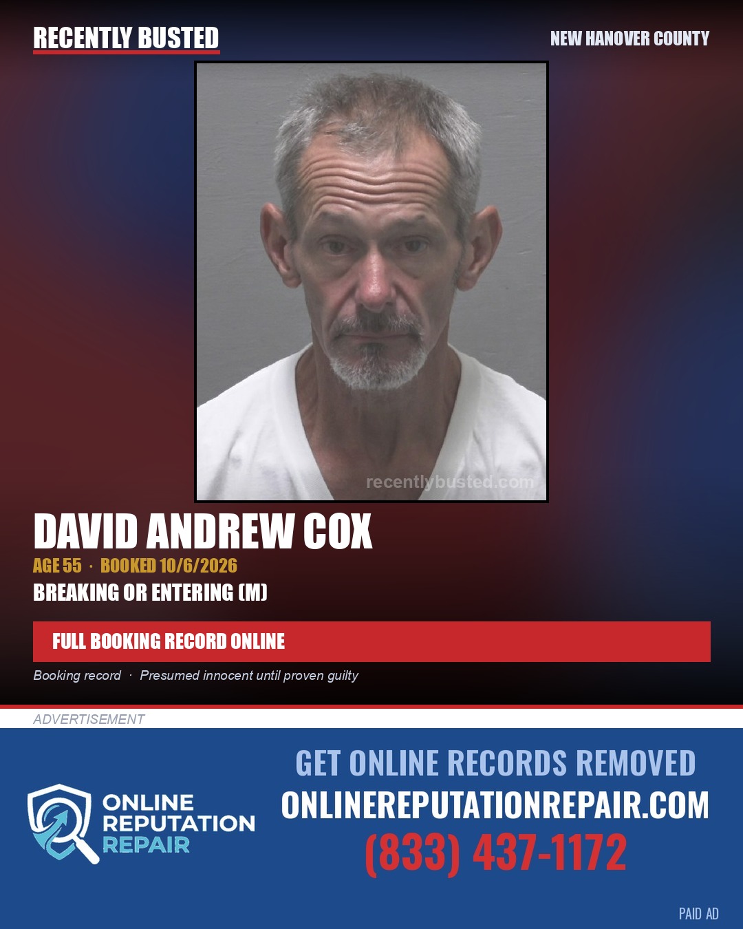 DAVID ANDREW COX — arrest record card, New Hanover County