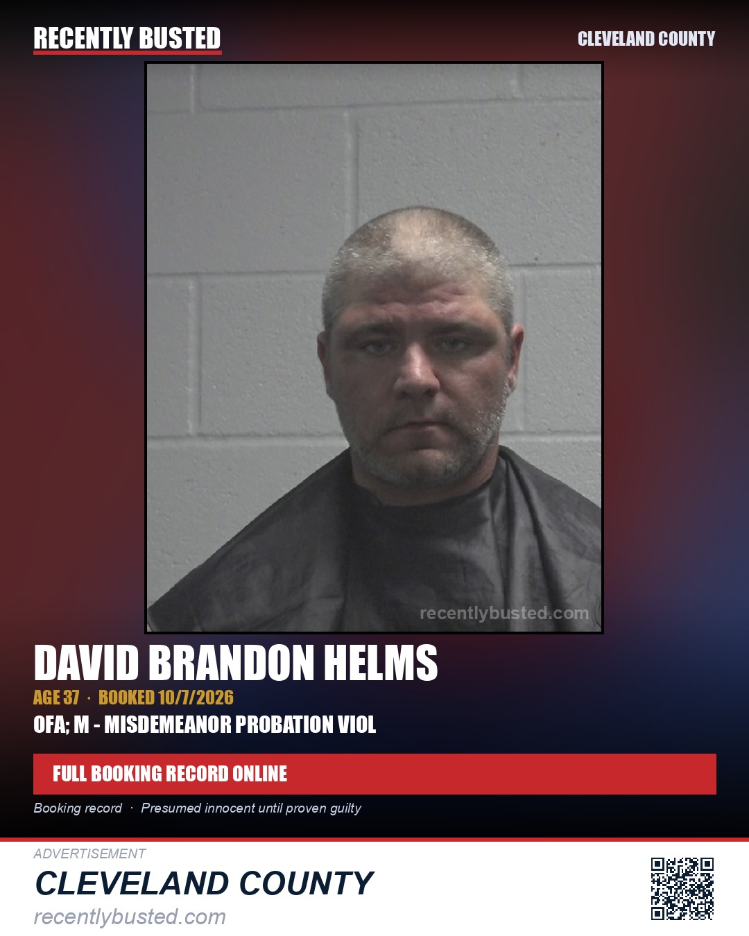 DAVID BRANDON HELMS — arrest record card, Cleveland County