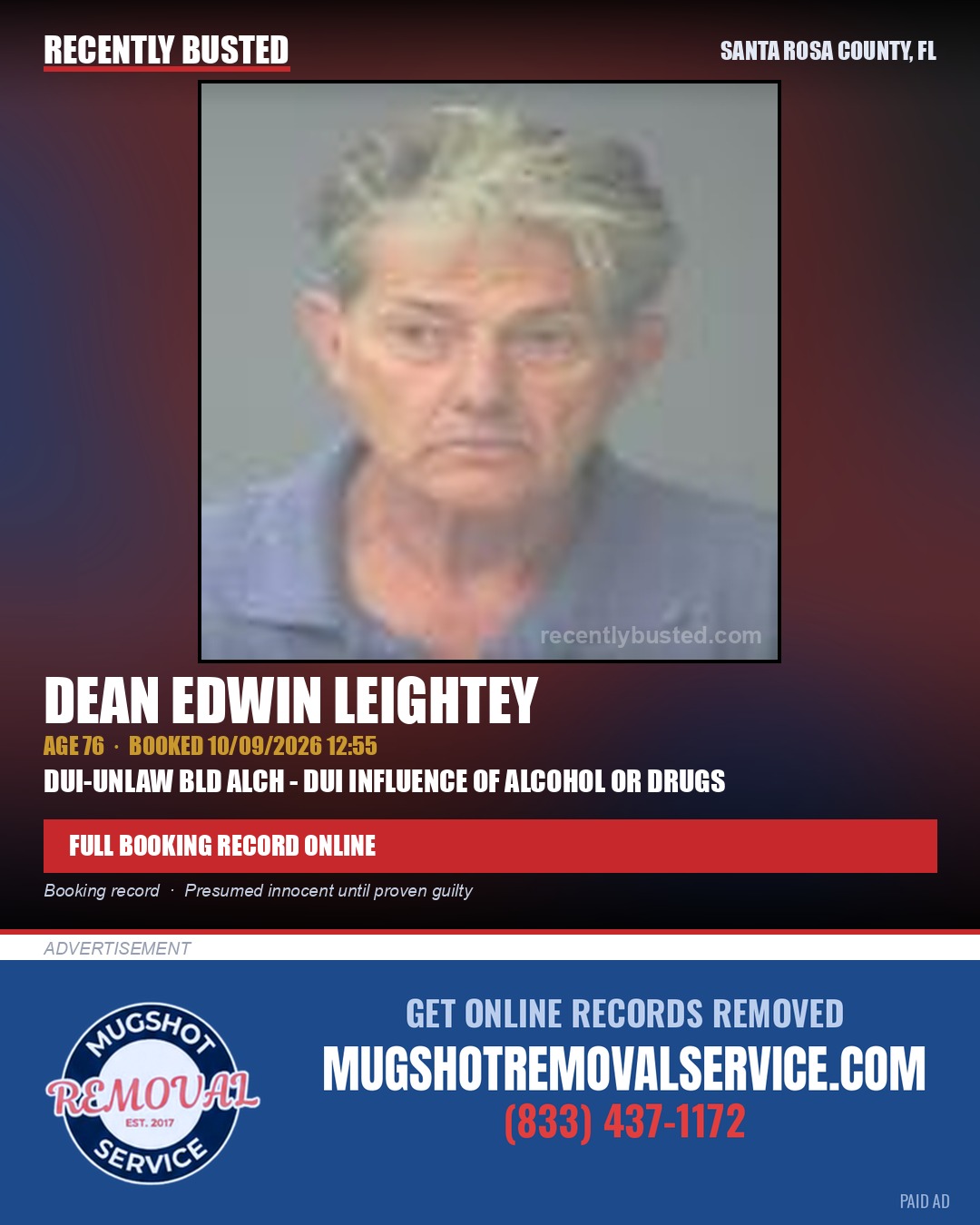 Dean Edwin Leightey — arrest record card, Santa Rosa County, Florida