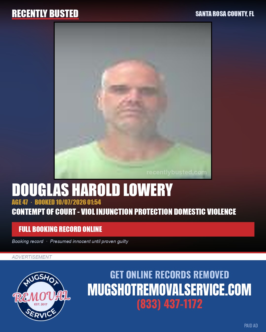 Douglas Harold Lowery — arrest record card, Santa Rosa County, Florida