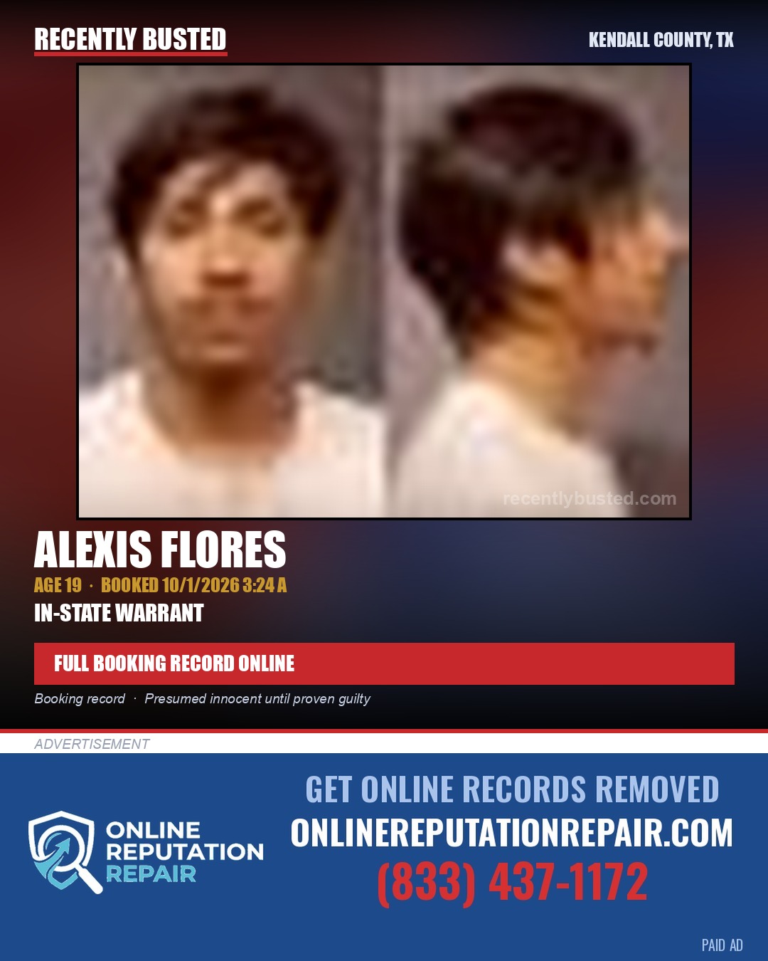 FLORES, ALEXIS — arrest record card, Kendall County, Illinois