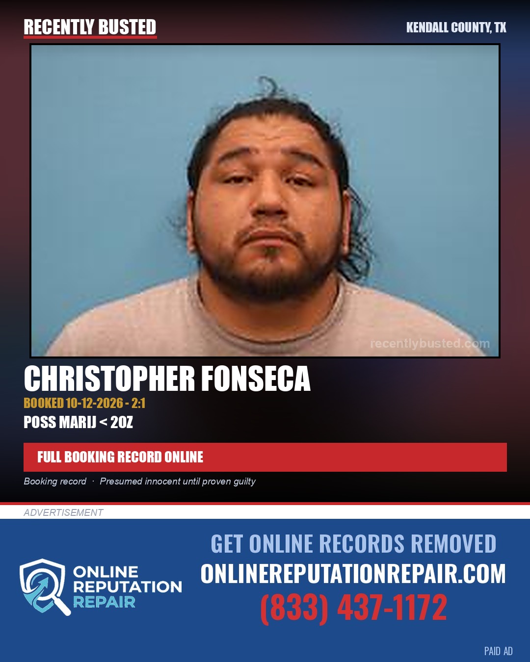 Fonseca, Christopher — arrest record card, Kendall County, Texas