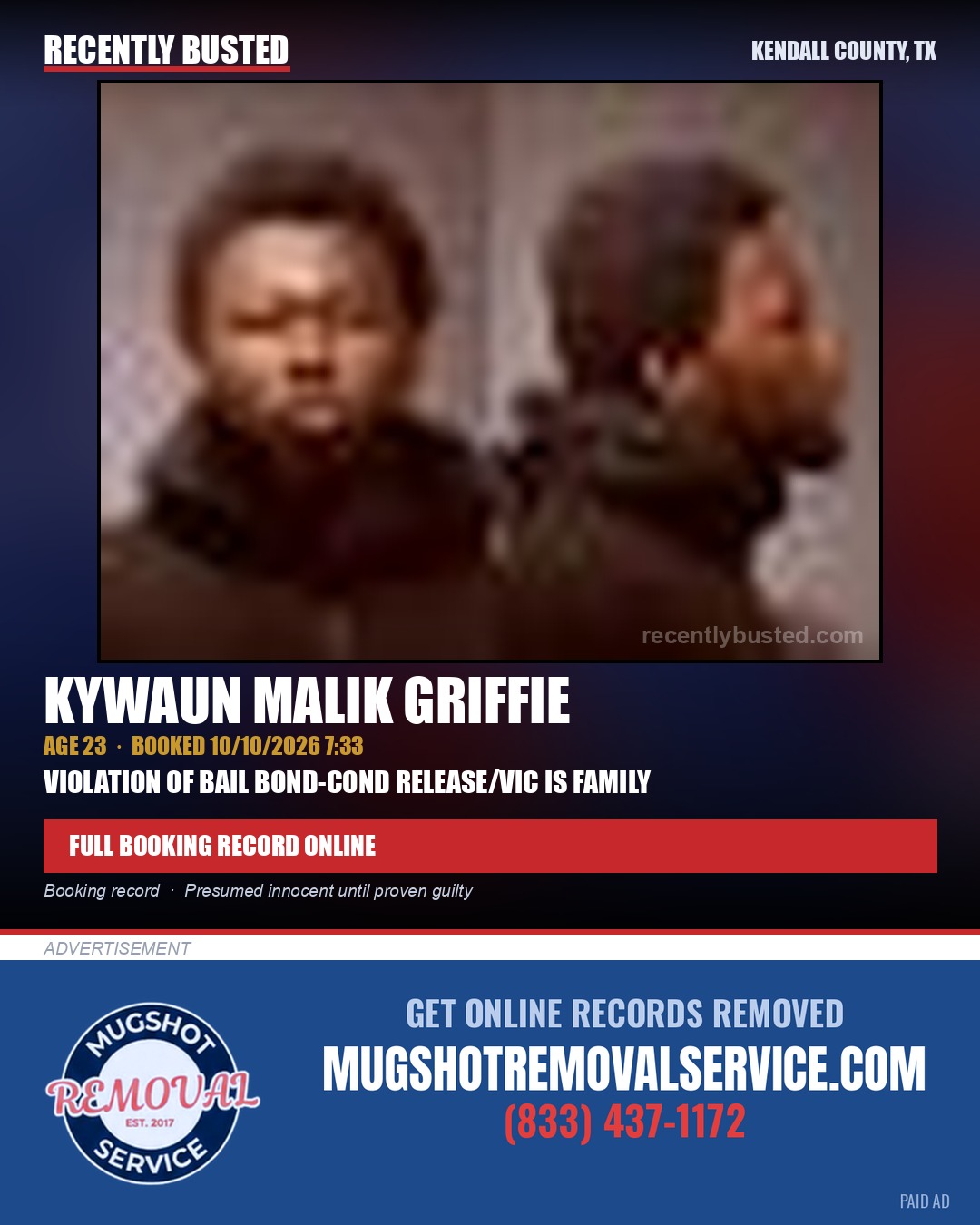GRIFFIE, KYWAUN MALIK — arrest record card, Kendall County, Illinois